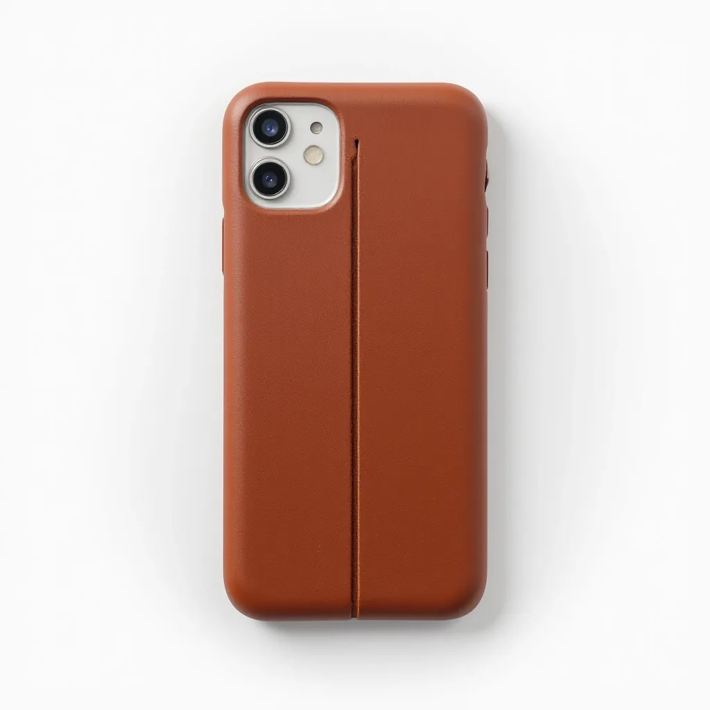 Cognac-colored full-grain leather phone case with visible stitching on neutral white background, studio lighting showing natural texture and patina