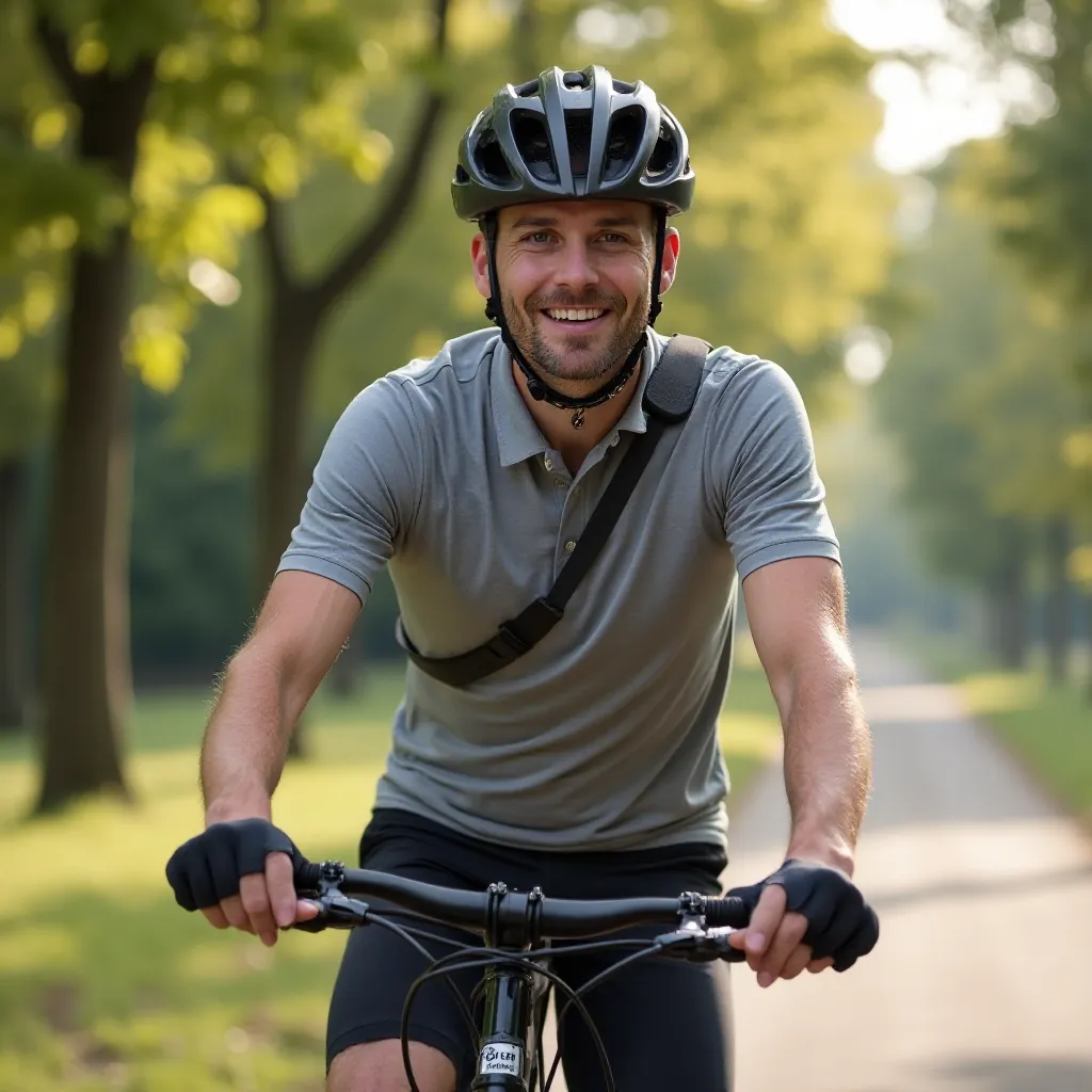 Cyclist riding through urban park wearing canvas crossbody strap across body, hands on handlebars, morning sunlight, active lifestyle scene with natural background