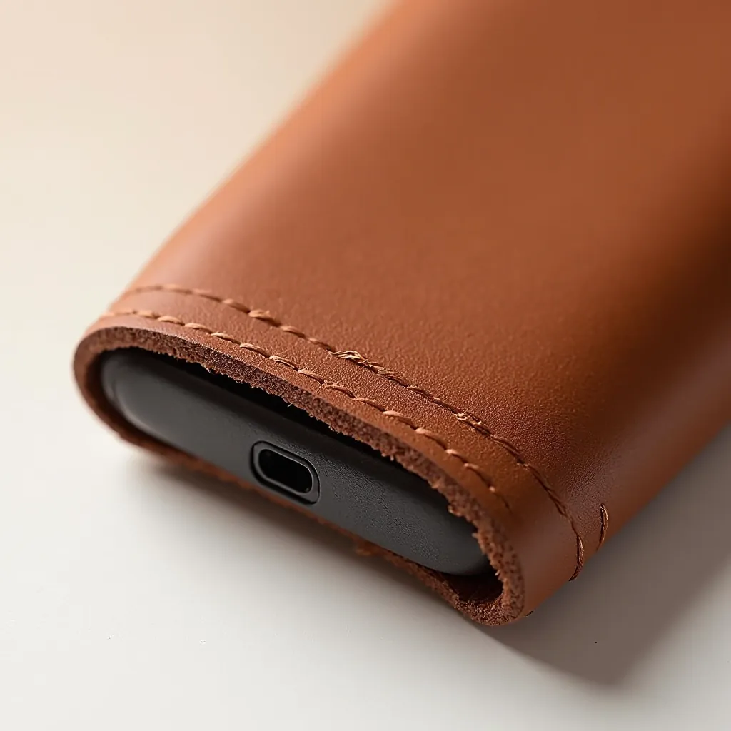 Close-up of hand-stitched leather edge detail with waxed thread showing quality craftsmanship and natural leather patina texture, studio lighting highlighting stitching precision